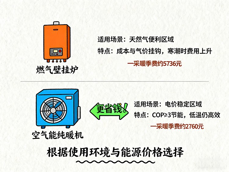 空氣能熱泵 vs 燃氣壁掛爐：采暖能耗與費用對比（空氣能熱泵）